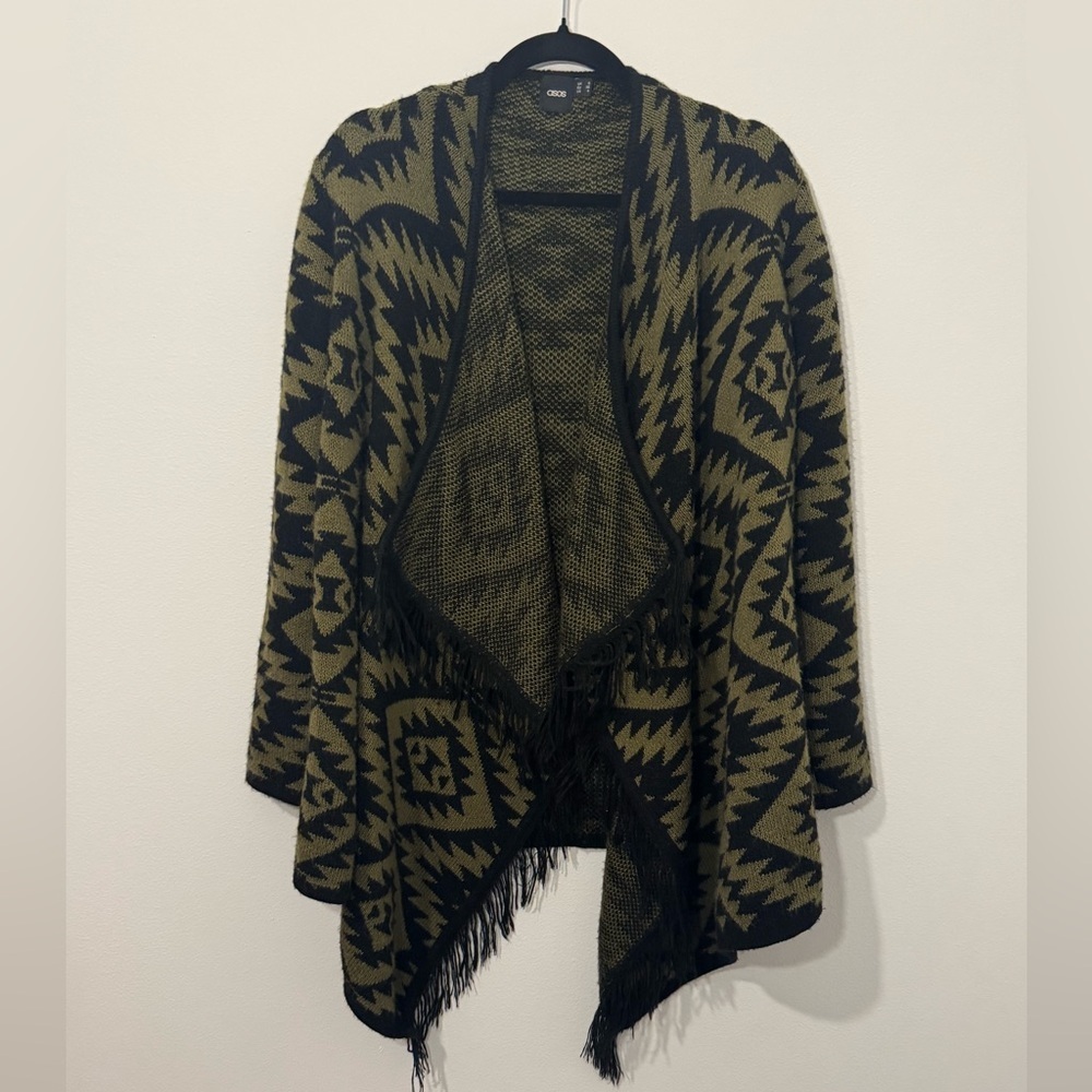 ASOS Tribal Aztec Knit Open Front Cardigan Fringe Hem Size US 4